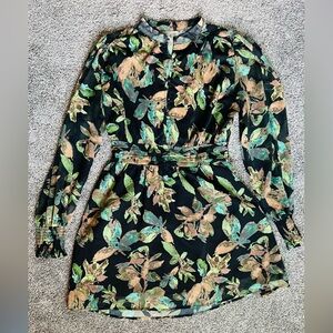 Floral Off-Shoulder Jumpsuit in Black with Green & Tan Leaves
